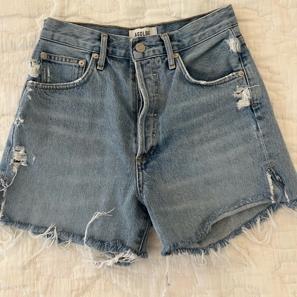 Agolde Distressed Dee Long Denim Shorts - Light Blue Chimes 25